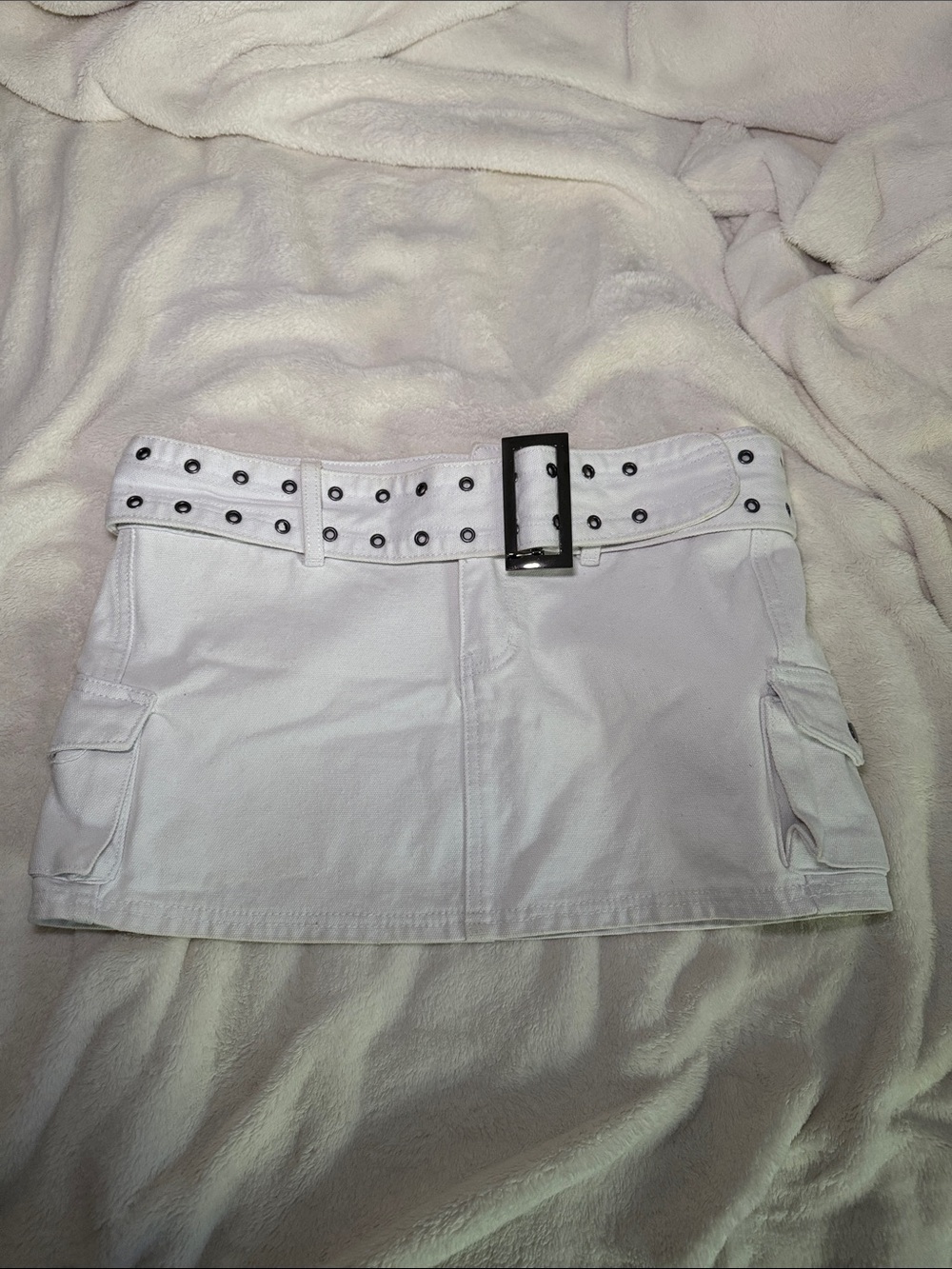 White Cargo Mini Skirt with Studded Belt